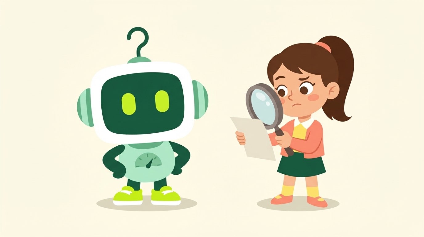 Bix standing proudly while a girl checks his answer with a magnifying glass