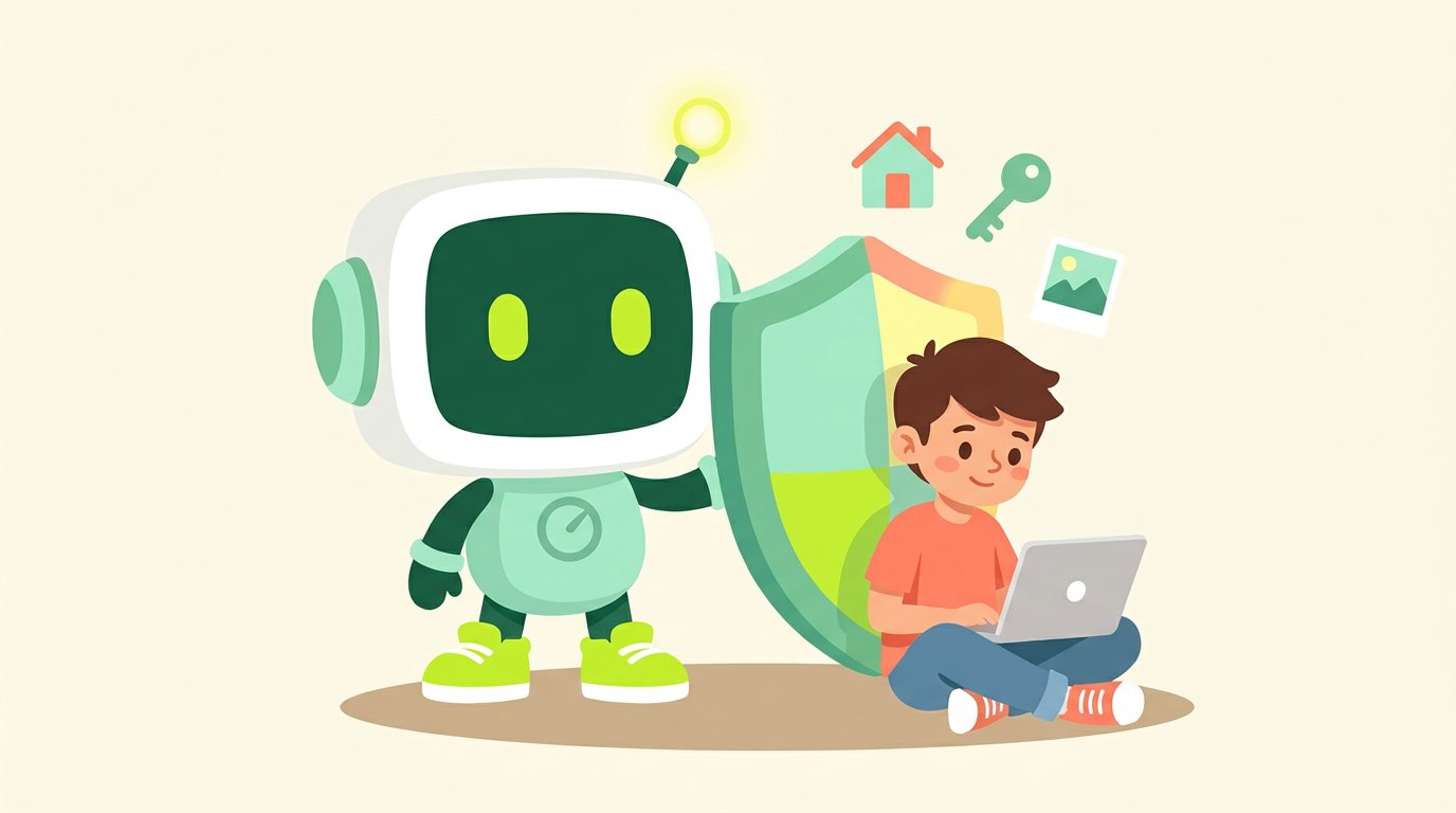 Bix holding a shield in front of a boy at a laptop